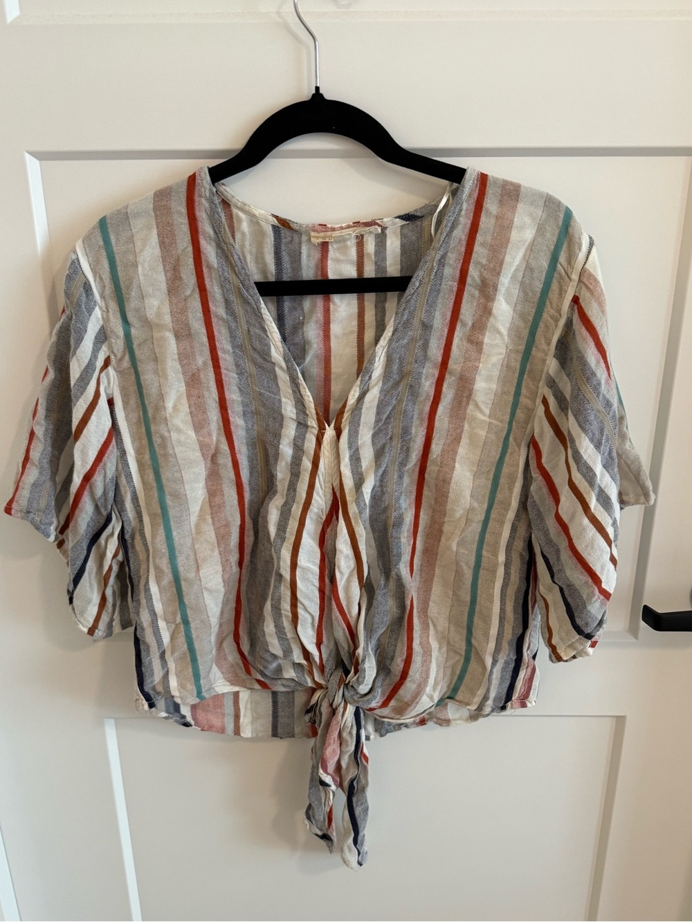 Lovestitch Striped Tie Front Crop Top Size M Boho Linen Blend Flutter Sleeve